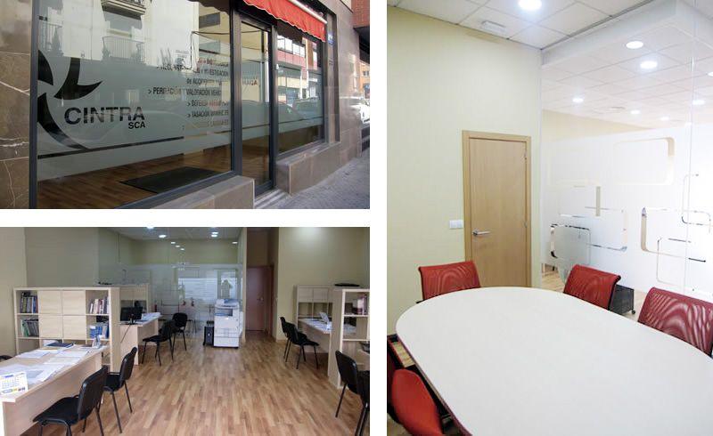 Instalaciones de CINTRAT SCA. Oficina con áreas de trabajo y sala de reuniones para peritaje y gestión de accidentes.
